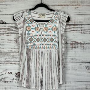 Womens Savanna Jane White Teal Southwest Embroidered Boho Flowy Cap Sleeve Top M